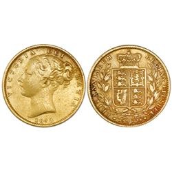 Great Britain (London, England), gold sovereign, Victoria (young bust), 1853, with WW in relief.