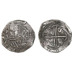 Potosi, Bolivia, cob 8 reales, Philip II, assayer B (4th period).