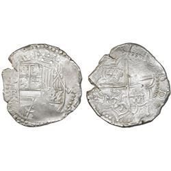 Potosi, Bolivia, cob 8 reales, Philip III, assayer R (curved leg).