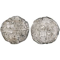 Potosi, Bolivia, cob 8 reales, Philip III, assayer T (ca. 1620), quadrants of cross transposed.