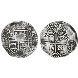 Potosi, Bolivia, cob 8 reales, 1649O, with crown-alone countermark (rare type) on cross.