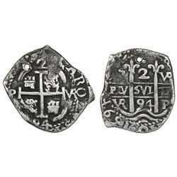 Potosi, Bolivia, cob 2 reales, 1694VR.