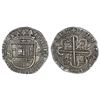 Image 1 : Seville, Spain, cob 8 reales, Philip II, assayer Gothic D at 4 o'clock outside tressure on reverse.
