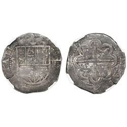 Seville, Spain, cob 2 reales, Philip II, assayer Gothic D at 4 o'clock on reverse, NGC VF 35.