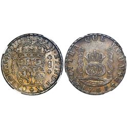 Potosi, Bolivia, pillar 8 reales, Charles III, 1767JR, four-petal rosette below shield, with dot aft