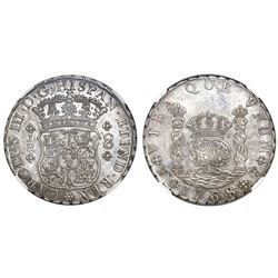 Potosi, Bolivia, pillar 8 reales, Charles III, 1768JR, four-petal rosette below shield, no dot after