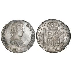 Potosi, Bolivia, bust 8 reales, Ferdinand VII, 1813PJ, king's ordinal as IIV (rare), NGC AU 55, fine