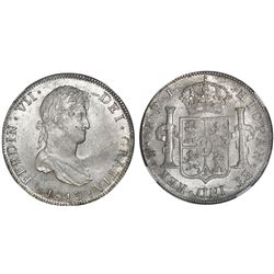 Potosi, Bolivia, bust 8 reales, Ferdinand VII, 1813PJ, NGC MS 62.