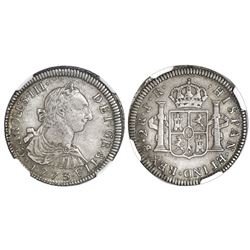 Potosi, Bolivia, bust 2 reales, Charles III, 1773JR, dot-III-dot variety, NGC AU 50.