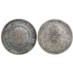 Brazil (Rio mint), 960 reis, Pedro I, 1825-R, struck over a Spanish colonial bust 8 reales of Charle