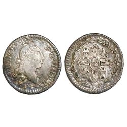 Santiago, Chile, 1/4 real, Charles IV (bust of Charles III, ordinal IIII), 1791.