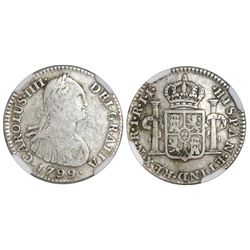 Bogota, Colombia, bust 1 real, Charles IV, 1799/99JJ, J's for I's in legends, NGC F 12, finest and o