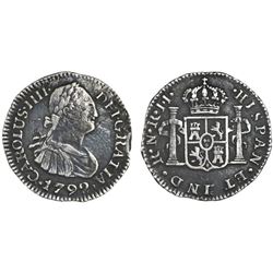 Bogota, Colombia, bust 1/2 real, Charles IV, 1792JJ.