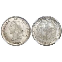 Bogota, Colombia, 50 centavos, 1888, NGC MS 63+, finest known in NGC census.