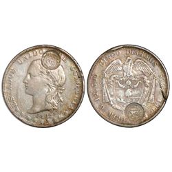 Costa Rica, 50 centavos, "lion" double countermark (Type VII, 1889) on a Medellin, Colombia, 5 decim