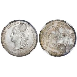 Costa Rica, 50 centavos, "lion" double countermark, (Type VII, 1889) on a Medellin, Colombia, 5 deci