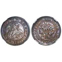 Costa Rica, 1 real, 1847JB, inverted B, "Madonna and child" proclamation issue, NGC AU details / cle