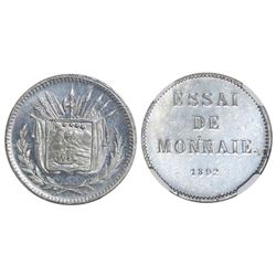 Costa Rica (struck in France), aluminum piefort essai 1 centavo, 1892, rare, NGC MS 63, ex-Richard S