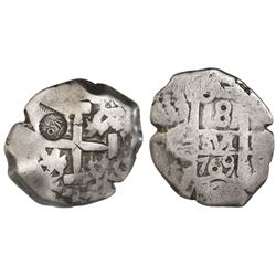 El Salvador, zigzag test mark (Type II, 1834-5) on a Potosi, Bolivia, cob 8 reales, 1768(V-Y) with c