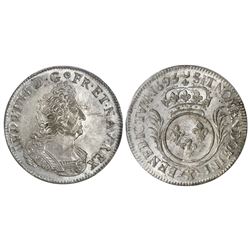 France (Amiens mint), 1/2 ecu au palmes, Louis XIV, 1695-X, struck over earlier Paris 1/2 ecu (flan