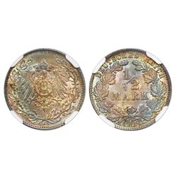 Hamburg, Germany, 1/2 mark, 1908-J, NGC MS 65, rare, finest known in NGC and PCGS censuses.