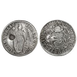 Guatemala, 8 reales, sun-over-mountains countermark (Type II, 1839) on Liberty side of a Lima, Peru,