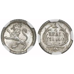 Guatemala, 1/4 real, 1860, NGC MS 67, finest known in NGC census, ex-Richard Stuart (stated on label