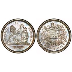 Guatemala, 25 centavos, 1881E, NGC MS 64, finest known in NGC census.