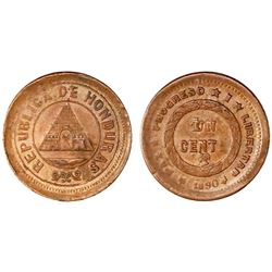 Honduras, bronze 1 centavo, 1890, denomination UN/10, no wreath on obverse, NGC MS 63 BN, finest kno