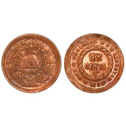 Honduras, bronze 1 centavo, 1893/83, denomination UN/10, wreath on obverse, "REPLBLICA" error, NGC M