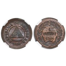 Honduras, bronze 1 centavo, 1902, small 0, NGC MS 63 BN, finest known in NGC census.