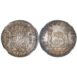 Mexico City, Mexico, pillar 8 reales, Philip V, 1744MF, NGC AU 55.