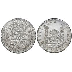 Mexico City, Mexico, pillar 8 reales, Philip V, 1745MF, NGC MS 61.