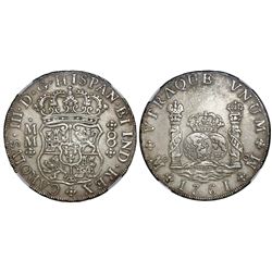 Mexico City, Mexico, pillar 8 reales, Charles III, 1761MM, cross between H and I, NGC AU details / c