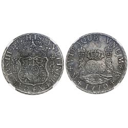 Mexico City, Mexico, pillar 8 reales, Charles III, 1770MF, NGC AU details / environmental damage.