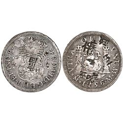 Mexico City, Mexico, pillar 2 reales, Ferdinand VI, 1756M, with chopmarks as from circulation in Asi
