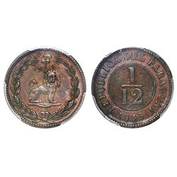 Paraguay (struck at the Birmingham mint, England), copper 1/12 real, 1845, PCGS AU50.