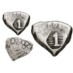 Paraguay, 1 real, irregular 1/4 cut (War of the Triple Alliance, 1865-70) of a Potosi, Bolivia, 4 so