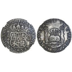 Lima, Peru, pillar 8 reales, Charles III, 1761JM, dot over left mintmark only, NGC VF details / chop