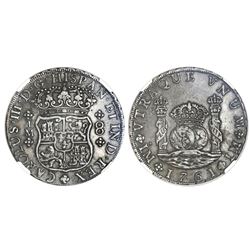 Lima, Peru, pillar 8 reales, Charles III, 1761JM, dots over both mintmarks, NGC XF 40.