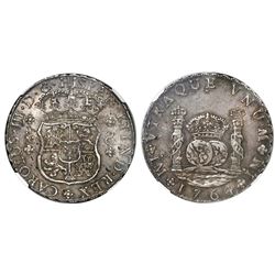 Lima, Peru, pillar 8 reales, Charles III, 1764JM, dots over both mintmarks, NGC AU 50.