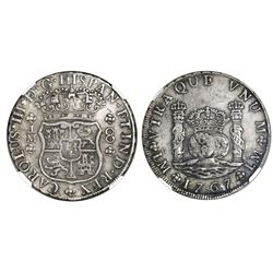 Lima, Peru, pillar 8 reales, Charles III, 1767JM, dot over left mintmark only, NGC XF 40.
