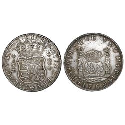Lima, Peru, pillar 8 reales, Charles III, 1769JM, dot over left mintmark only.