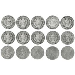 Lot of fifteen Lima, Peru, copper-nickel 10 soles, 1969, strike-pressure progression set.