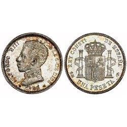 Madrid, Spain, 1 peseta, Alfonso XIII, 1903SMV with 19-03 inside stars, rare, NGC MS 63.