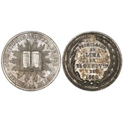 Peru, "6 reales"-sized silver medal, 1860, Constitutional Reform, NGC AU 58, ex-Cotoca Collection.