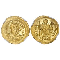 Byzantine Empire, AV solidus, Justin I, 518-527 AD, NGC MS, strike 4/5, surface 4/5 / flan flaw.