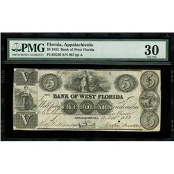 Appalachicola, Florida, USA, Bank of West Florida, $5, 3-11-1832, serial 967, plate A, PMG VF 30.