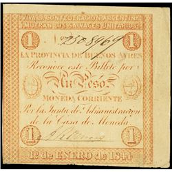 Buenos Aires, Argentina, Provincia de Buenos Aires, 1 peso, 1-1-1844, serial 9508969.