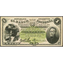 Buenos Aires, Argentina, Banco Nacional, 1 peso, 1-1-1883, series L, serial 0773030.